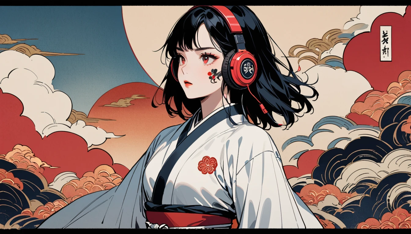 martial arts, Red Eyes, 1 girl, Tattoo on face, Japanese style headphones, beautiful girl, Black Hair, Delicate and precise, Modern ukiyo-e style, Multicolored background