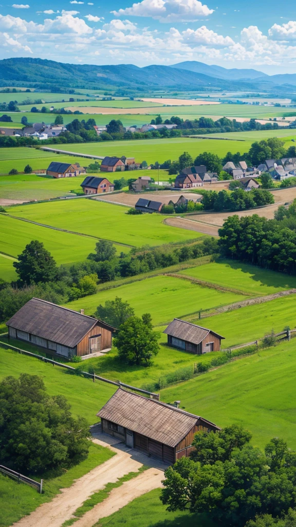 Create an image of a rural landscape featuring a green field under a blue sky with scattered clouds. Include elements such as utility poles and wires in the foreground, which add depth to the scene. There should be a hill in the background with trees, and traditional buildings with dark roofs nestled at its base, suggesting a peaceful countryside setting. Add details like a large orange water tank on the left side of the frame and a small wooden structure housing electrical equipment to enhance the rustic feel of the environment.
