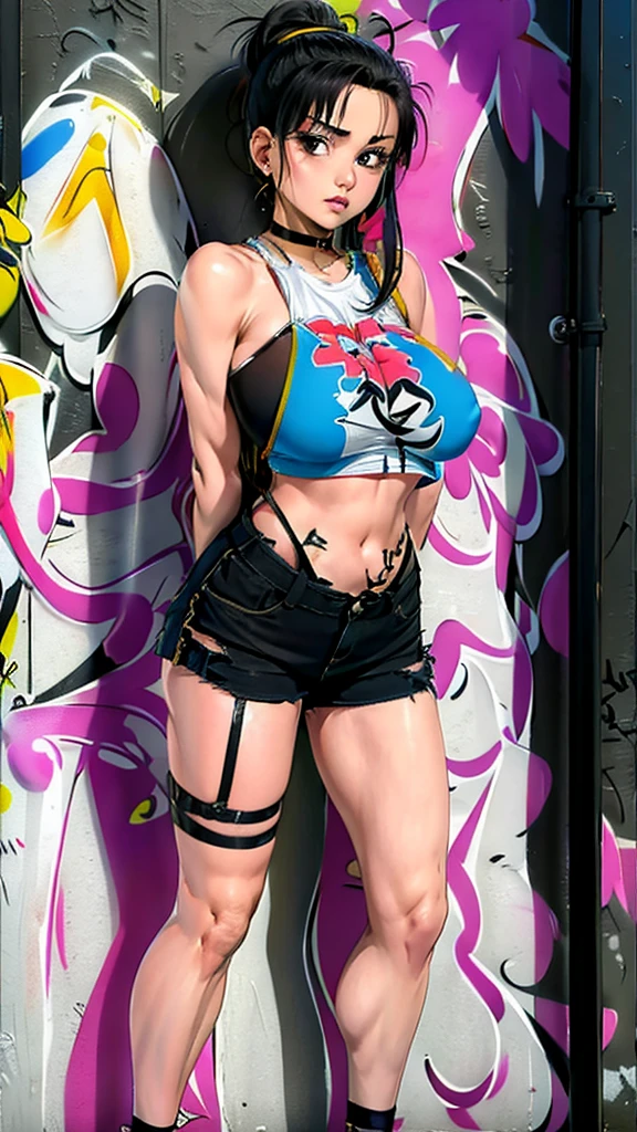 masterpiece, best quality, 1girl, solo, crop top, denim shorts, choker, (graffiti:1.5), arms behind back, against wall, looking at viewer, armband, thigh strap, head tilt, bored, black hair, Black eyes, headset, chichi.
