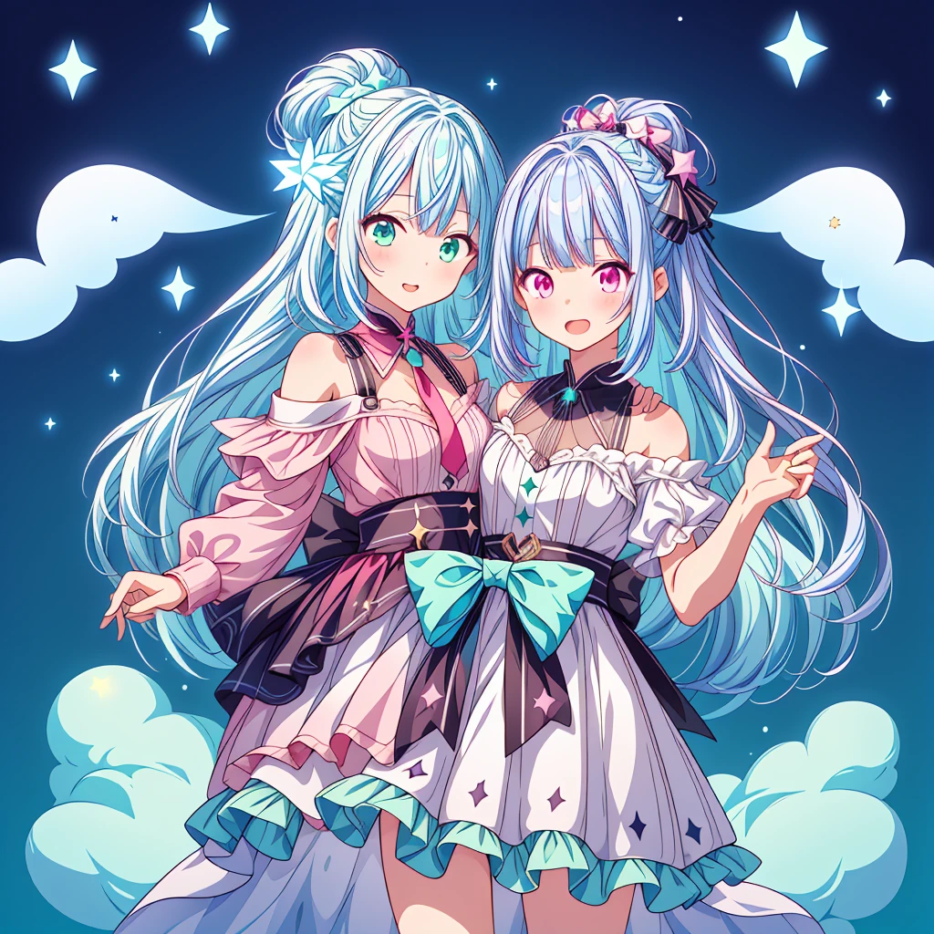 1girl、Star Fairy、Star incarnation、Character design front view、A picture facing the viewer、Cute original black and magenta clothes、(((Super detailed、Highest quality、Masterpiece)))、Original cute hairstyle、Milky white and blue hair color、Simple Green Background、vtuber-fullbody,