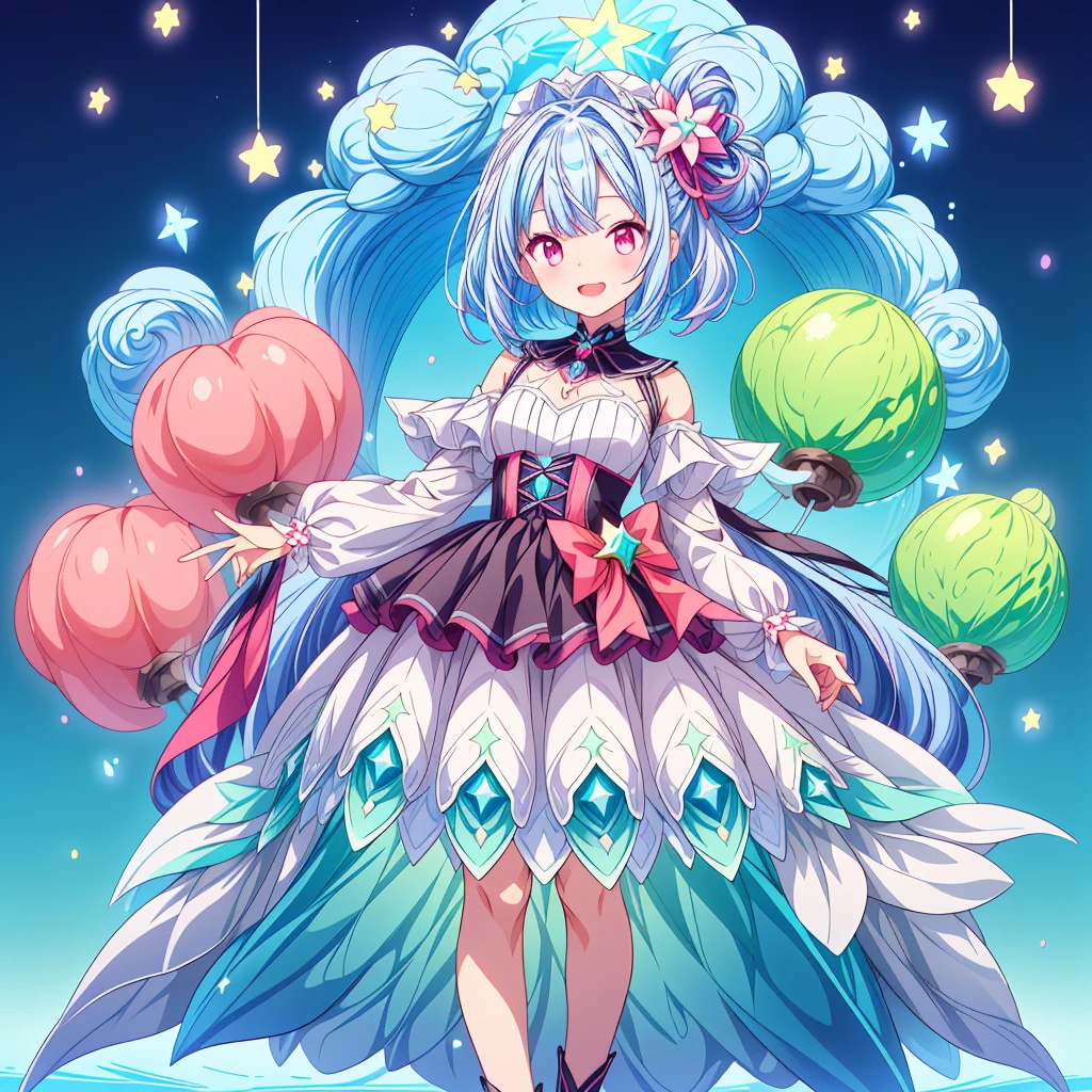 1girl、Star Fairy、Star incarnation、Character design front view、A picture facing the viewer、Cute original black and magenta clothes、(((Super detailed、Highest quality、Masterpiece)))、Original cute hairstyle、Milky white and blue hair color、Simple Green Background、vtuber-fullbody,