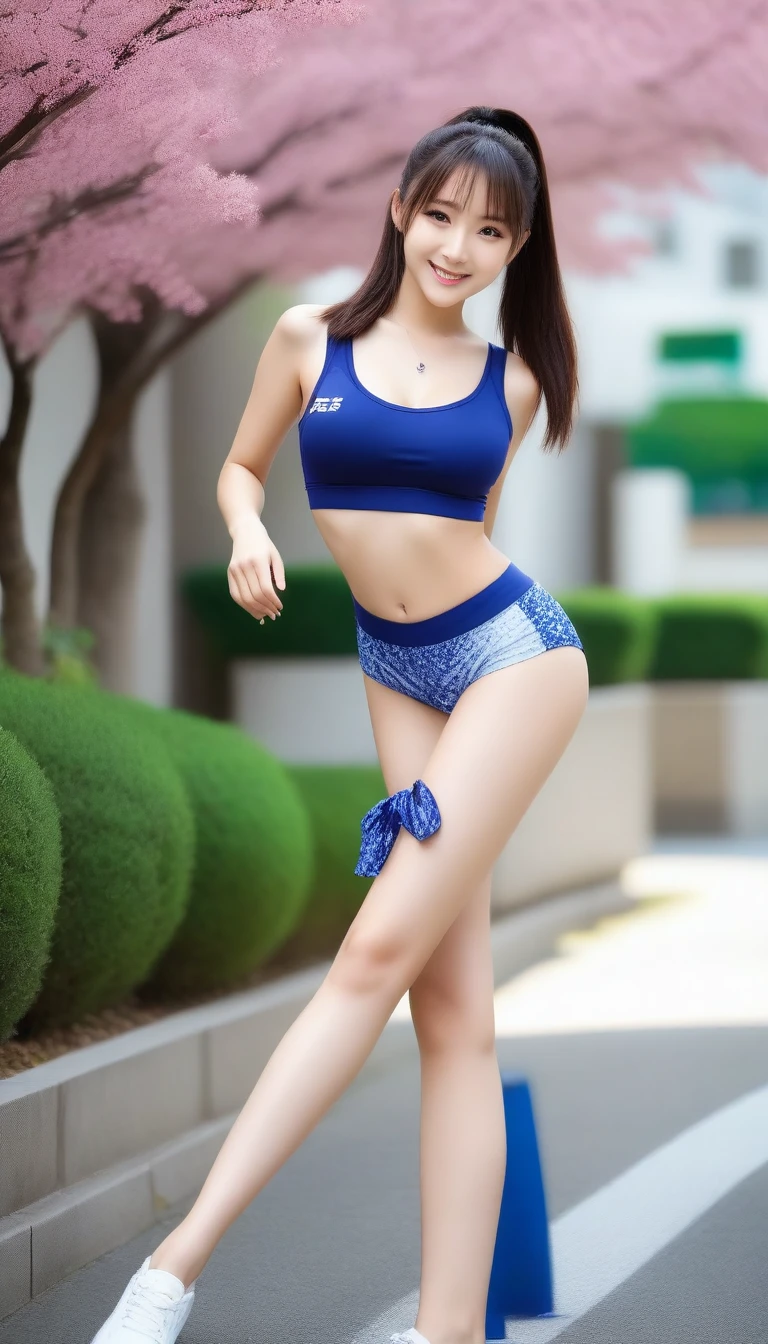 8k, Ultra-high resolution, Highest quality, masterpiece, 三分割法によるphotograph,Surreal, photograph, 1 Girl, (16 years old:1.3), pretty girl, Cute Face, Beautiful eyes in every detail, 細かくdetailedに,masterpiece,One Girl:1.2, Japan Female Announcer,full body,smile,Black Hair,Short ponytail,street tree,Urban area,Young Wife,healthy,Sports Bra,Bra Top,Jogging pants,Natural Makeup,sneakers,Tying shoelaces,Beautiful leg line beauty,Realistic Skin, Perfect and beautiful face ,完璧でCute Face, Skin with attention to detail, Perfect limbs、Narrow waist、Thin legs),Looking at the audience、beauty,Long neck、(((Ideal body type))),A cup small breasts :2,Portraiture:2,Perfect Anatomy,鮮明なdetailed,detailed,Surreal,Light and shadow,bloom