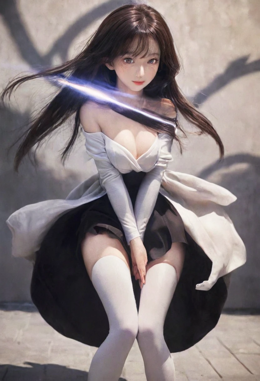 ((((Obra maestra, La mejor calidad, ultrahigh resolution)))), 1girl, happy, standing, (((doll knees, doll elbows, ((doll joints:1.2, action figure limbs:1.2, segmented body))), [mechanical body], (segmented waist), (doll waist), (black hair, dark black hair over eye:1), long hair cut, pale skin, ((brown eyes)), ((glowing_eyes)), (((ultra detailed eyes:0.7, beautiful and detailed face, detailed eyes:0.9))), ((centered)), (wide shot), facing viewer, (((outdoors, darkness, falling leaves:0.9))), medium breasts, looking at viewer, ((half closed eyes)), ((perfect hands)), (((head:1, arms, hips in view, elbows, thighs, in view))), ((hands at sides)), lively eyes, beautiful lighting, outside, outdoors, background, ((defined subject)), 25 years old, (head tilt), (((cool))), ((lively)), (((high contrast)))