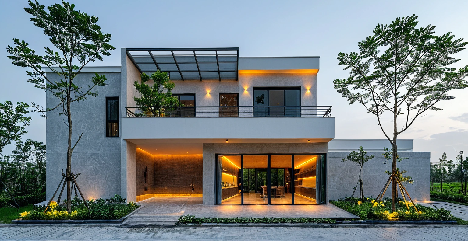 2-storey minimalist townhouse, blue cloudy morning light, brightly painted walls, natural stone walls as accents. see furniture, interior lights turn on. there are people walking around. surreal expression. Modern architecture