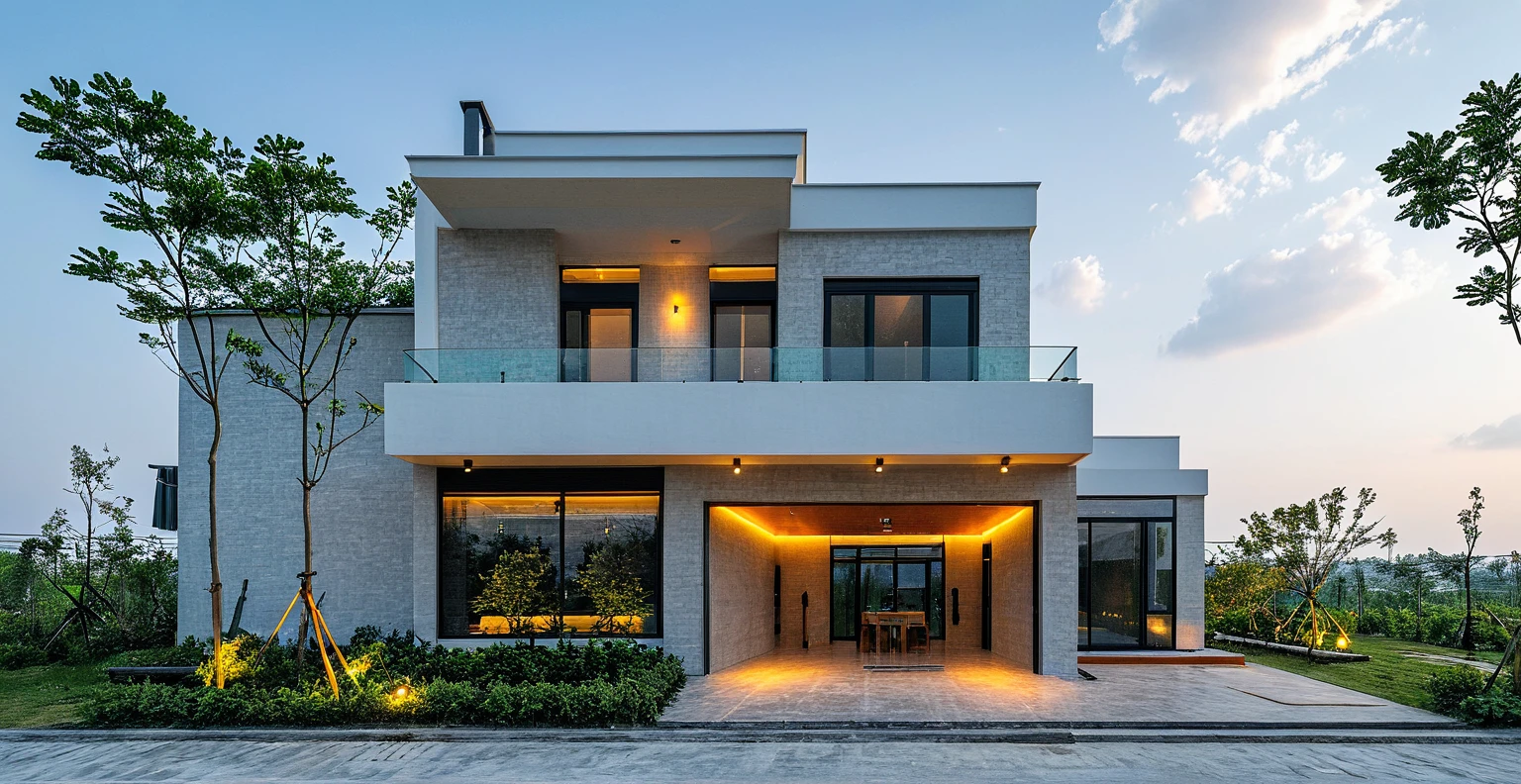 2-storey minimalist townhouse, blue cloudy morning light, brightly painted walls, natural stone walls as accents. see furniture, interior lights turn on. there are people walking around. surreal expression. Modern architecture