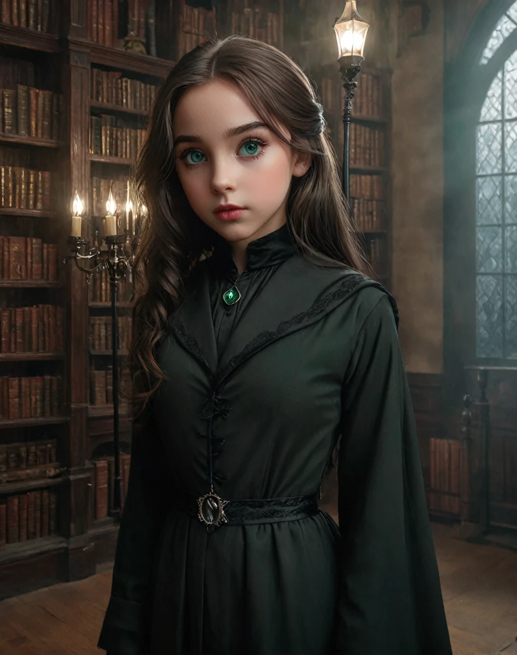 highly detailed portrait of a young girl, daughter of severus snape, a 9 year old girl, beautiful detailed green eyes, beautiful detailed lips, extremely detailed face, long eyelashes, young girl in long black robe, hogwarts uniform, holding magic wand, severus snape, large victorian style mansion, ornate interior, chandelier, bookshelves, (best quality,4k,8k,highres,masterpiece:1.2),ultra-detailed,(realistic,photorealistic,photo-realistic:1.37),dark academia,dramatic lighting,moody atmosphere,rich colors