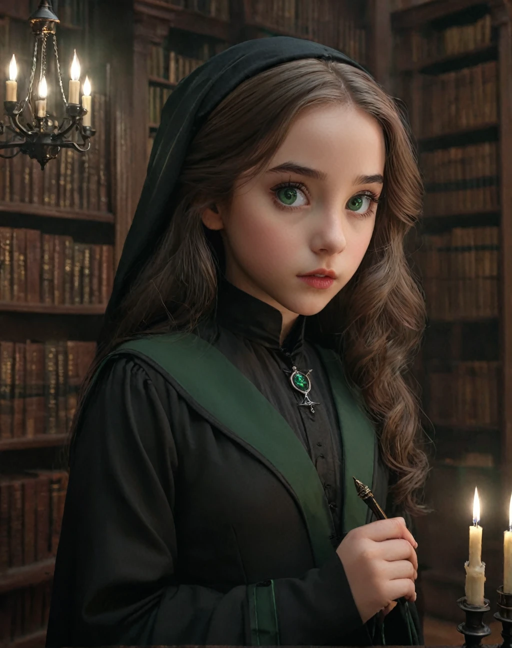 highly detailed portrait of a young girl, daughter of severus snape, a 9 year old girl, beautiful detailed green eyes, beautiful detailed lips, extremely detailed face, long eyelashes, young girl in long black robe, hogwarts uniform, holding magic wand, severus snape, large victorian style mansion, ornate interior, chandelier, bookshelves, (best quality,4k,8k,highres,masterpiece:1.2),ultra-detailed,(realistic,photorealistic,photo-realistic:1.37),dark academia,dramatic lighting,moody atmosphere,rich colors
