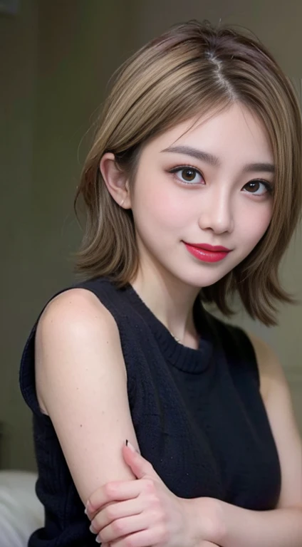 blush a little and smile, (Top quality masterpiece:1.2) Delicate illustrations, Very detailed, /Beautiful Japanese Women、1 person,Very cute and slim、Great style 、((8k images、super high quality))、Very delicate face, Big Breasts、Skin and Hair、beautifule forehead、Red lipstick、(((((short hair、Blonde、lure))))),Very cute Japanese cut face、Eyes and nose are clearly visible、Kind eyes,((((Black sleeveless fashion))))