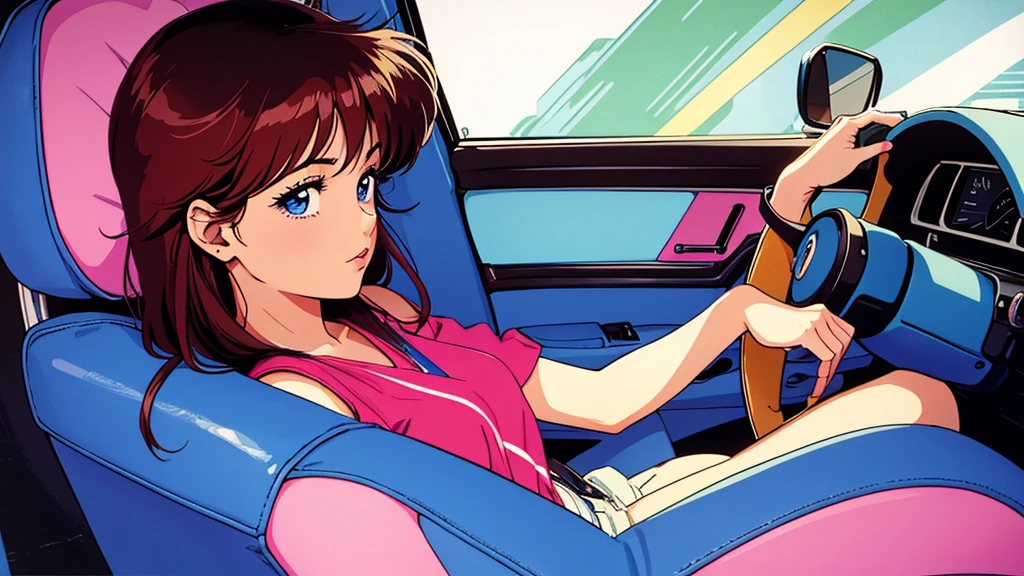 One beautiful woman、sitting in the passenger seat of a car、８０Retro anime style of the 1980s、Vivid colors、Image of a woman from inside a car、profile、One Woman、
