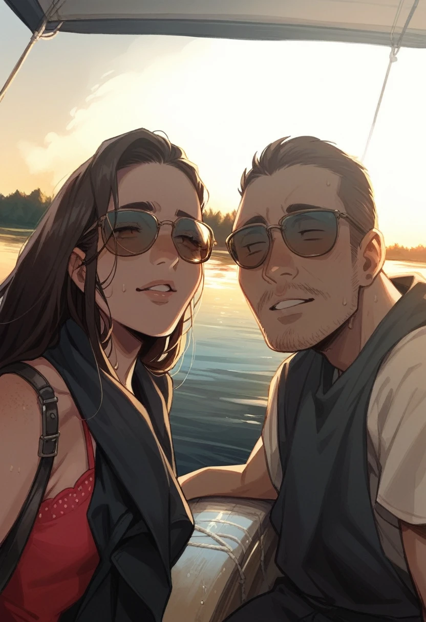 they are on a boat on the water At the sunset, on a boat, on a boat on a lake, at sunset, during sunset, with sunset, At the sunset, on a lake, casal feliz, At the sunset, Sunset view, taken at the beginning of 2020, having a lot of fun, sunset in the background, during a sunset, Lovely couple