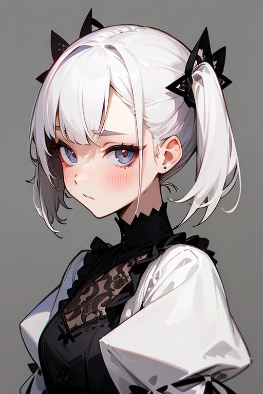 Short white hair, blush, White Dress、Punk Fashion、Headbang 2.、Twin tails、sharp、Black lace、(elegant).(the face remains the same).