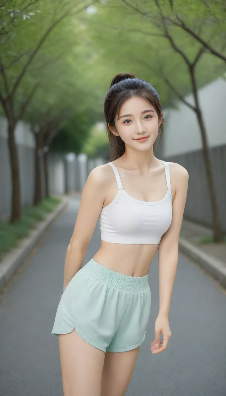 8k, Ultra-high resolution, Highest quality, masterpiece, 三分割法によるphotograph,Surreal, photograph, 1 Girl, (16 years old:1.3), pretty girl, Cute Face, Beautiful eyes in every detail, 細かくdetailedに,masterpiece,One Girl:1.2, Japan Female Announcer,full body,smile,Black Hair,Short ponytail,street tree,Urban area,Young Wife,healthy,Sports Bra,Bra Top,Jogging pants,Natural Makeup,sneakers,Tying shoelaces,Beautiful leg line beauty,Realistic Skin, Perfect and beautiful face ,完璧でCute Face, Skin with attention to detail, Perfect limbs、Narrow waist、Thin legs),Looking at the audience、beauty,Long neck、(((Ideal body type))),A cup small breasts :2,Portraiture:2,Perfect Anatomy,鮮明なdetailed,detailed,Surreal,Light and shadow,bloom