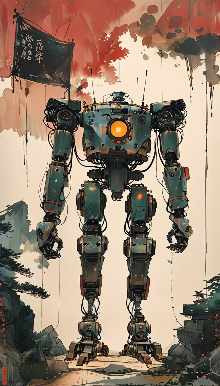 sketch、The Style of Kawanabe Kyosai、sit、robot、Square design、Powered by steam、huge