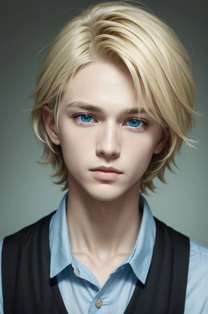 Face of a pretty boy, blonde hair with medium black, with blue-green eyes, thin mouth, marked face.