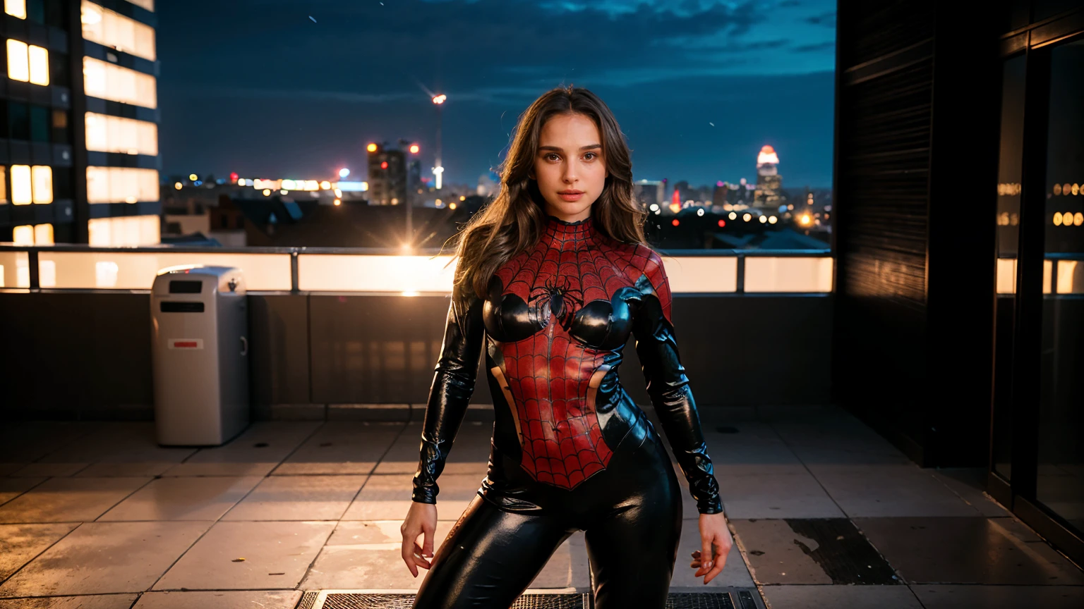 Masterpiece, Best quality,, (photorealistic1.4), (UHD), (n4t4l13p-v2), (epiCRealLife), (flashphoto),, (photorealistic1.4), (Natalie Portman in Spider Suit), (city rooftop), (night time), (spiderman latex suit), (cowboy shots), (red lipstick), (photoshoot), (flash photography), (pose for pictures), (widescreen poses), (indoor)