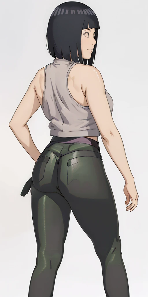 hinata hyuga,backview,smile,(((big ass))),(((black legging pants))),ponytail