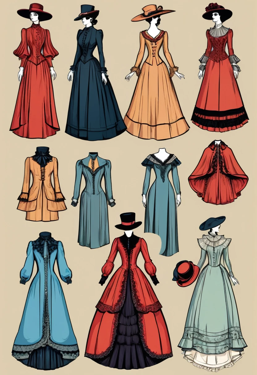 A set of dresses in different colors,Arrange separately,Victorian style,hat,cloak、shoe、Fashion Design,Clothing and fabrics,Very detailed and rich costumes,Victorian style,Clean line art and flat colors,,Retro line art,color