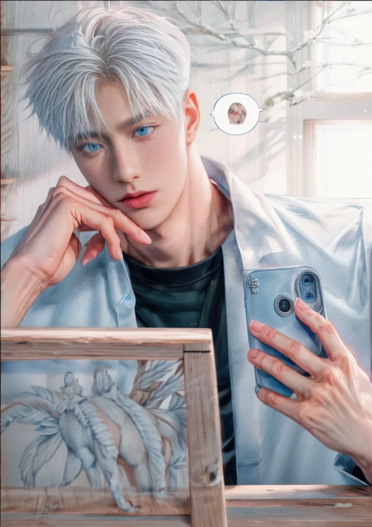 1boy, adult, handsome, perfect face, detailed eyes and face, clean shaved, muscular, capturing a rural atmosphere, dynamic lighting, unreal engine 5, hd picture, satoru gojo, white hair, short hair ,hair between eyes ,blue eyes