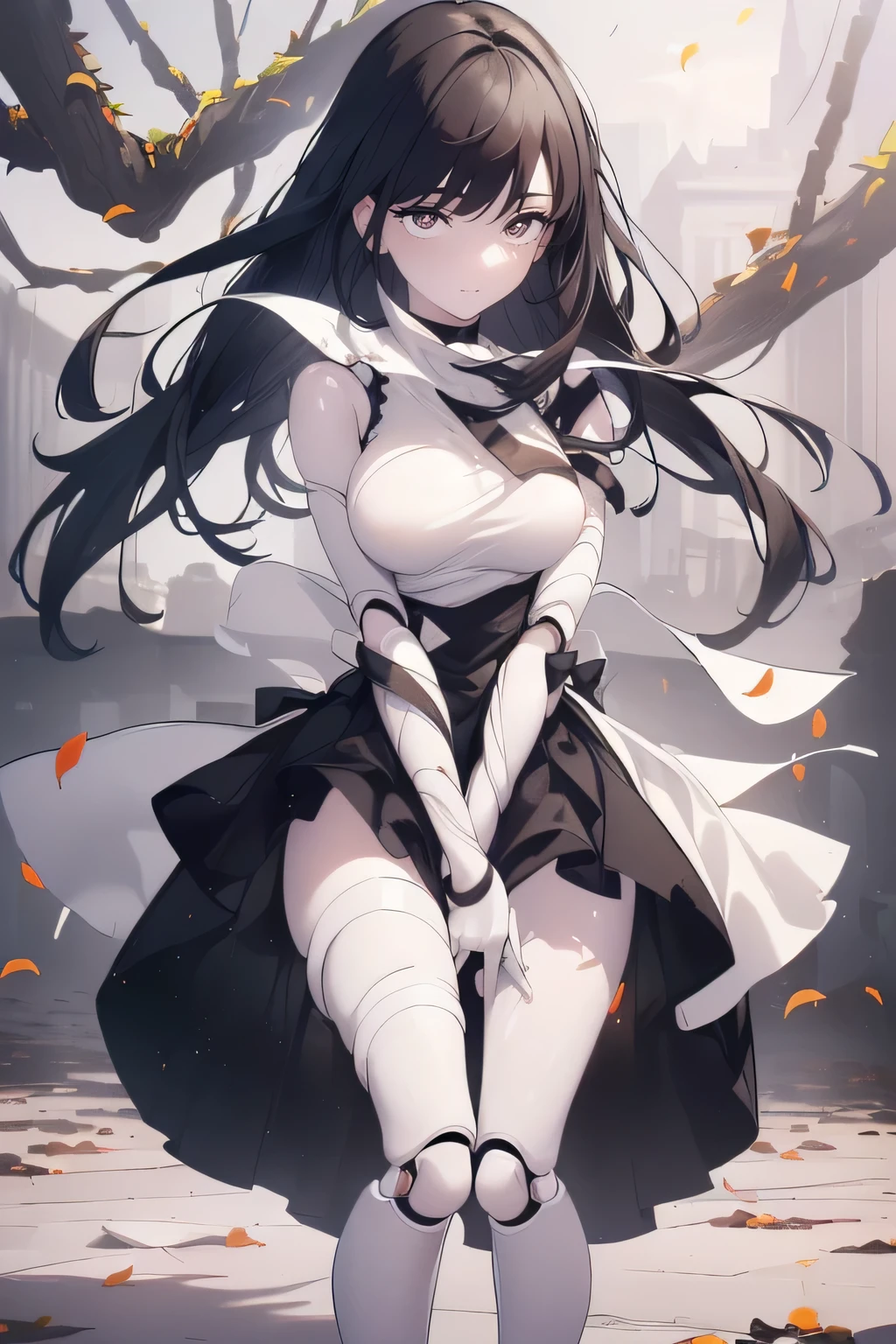 ((((Obra maestra, La mejor calidad, ultrahigh resolution)))), 1girl, happy, standing, (((doll knees, doll elbows, ((doll joints:1.2, action figure limbs:1.2, segmented body))), [mechanical body], (segmented waist), (doll waist), (black hair, dark black hair over eye:1), long hair cut, pale skin, ((brown eyes)), ((glowing_eyes)), (((ultra detailed eyes:0.7, beautiful and detailed face, detailed eyes:0.9))), ((centered)), (wide shot), facing viewer, (((outdoors, darkness, falling leaves:0.9))), medium breasts, looking at viewer, ((half closed eyes)), ((perfect hands)), (((head:1, arms, hips in view, elbows, thighs, in view))), ((hands at sides)), lively eyes, beautiful lighting, outside, outdoors, background, ((defined subject)), 25 years old, (head tilt), (((cool))), ((lively)), (((high contrast)))