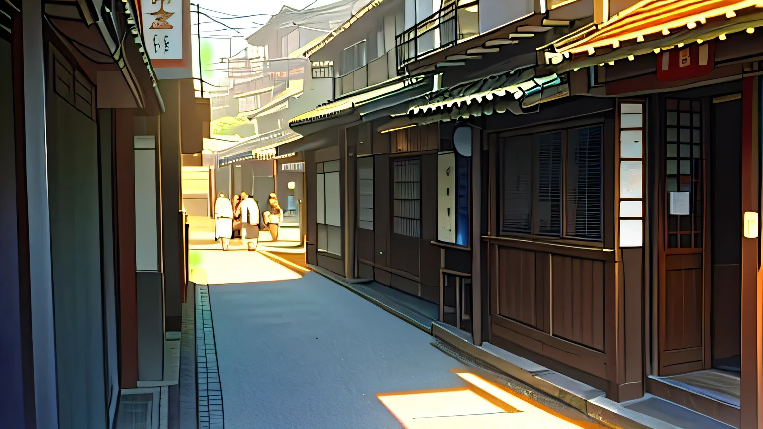 (masterpiece), (best quality), (best detail), (distant general point of view), (Makoto Deep Sea), Kobe City in Summer, Japanese alley with nostalgic atmosphere, Small shops lined up on both sides of the road,summer sunshine, clean, busy atmosphere, Animation Background,Camera angle with a view of the sky