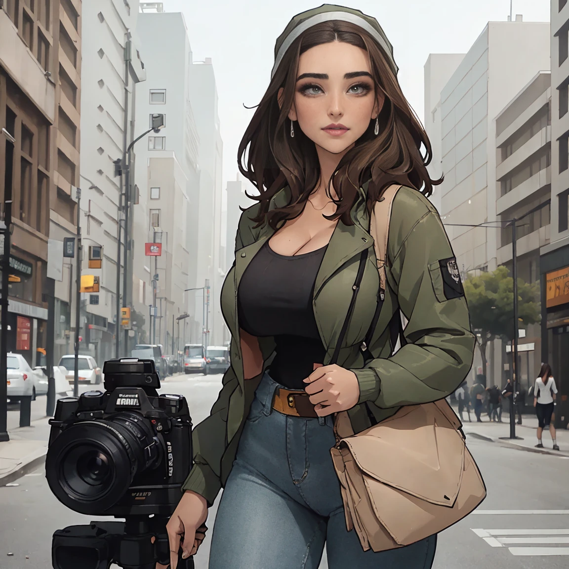 Extremely busty thin and toned brunette photographer, college girl, fair skin, loose side sweep, soft face, athletic, bandana babushka headwrap, tight olive green casual windbreaker, skinny jeans. standing in front of her apartment building, outdoors, city, camera bag, cleavage