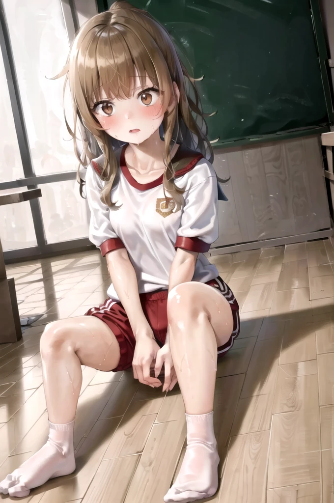 (masterpiece), (Highest quality), (Very detailed), ((Very delicate and beautiful)), One Girl, solo, July, Maroon mouth, Sitting, Detailed Iris, young, Long white socks,
,(((Black Bloomers, School, Gym Shirt, White T-shirt, Gym suit, Photo of girl in wooden floor School gym room))),Bloomers are bikini type ,Dynamic Angle ,Sweat,Lie in 