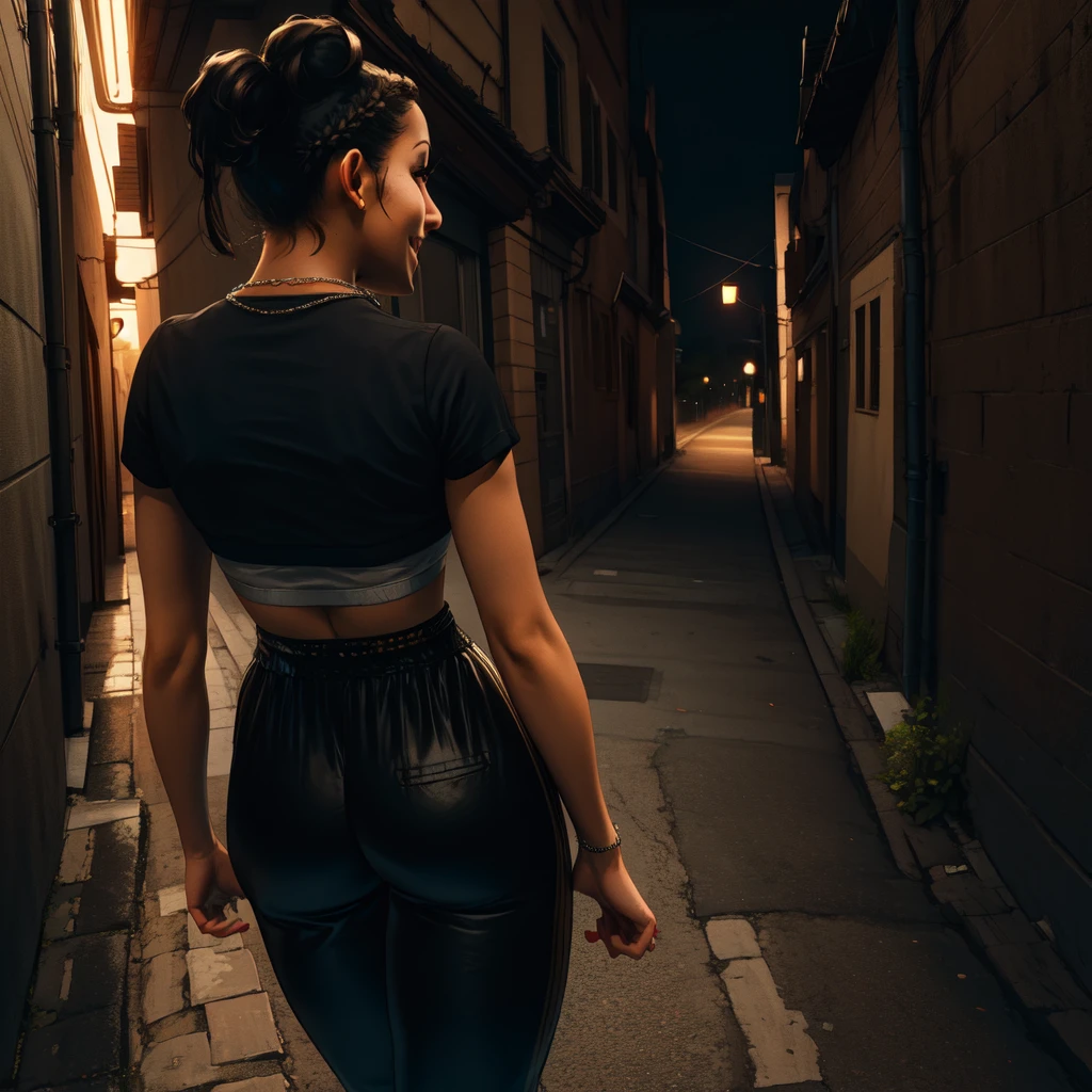 Chitose,black hair,brown eyes,short hair,ponytail,braids,short sleeves,
crop top, showing rear,black pants,necklace,street,night,alley, smile, 
(insanely detailed,masterpiece, best quality)solo,1girl