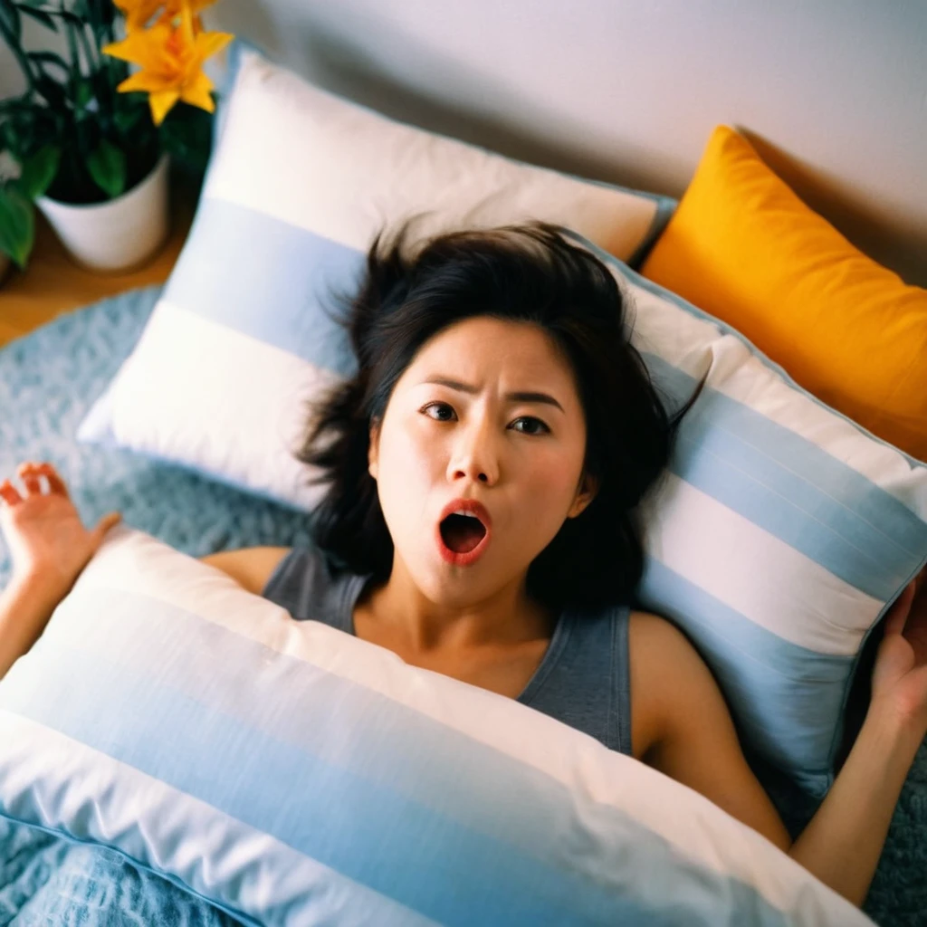 Cinematic film stills、High angle from above、Japanese woman screaming with her mouth open、There is a pillow in the background、Looking shocked at the camera、Perfect sunrise stock footage style on Kodak Vision3 500T film, Shallow depth of field, Vignette, Very detailed, High budget, Bokeh, CinemaScope, Sulky, amazing, nice, Film Grain, granular