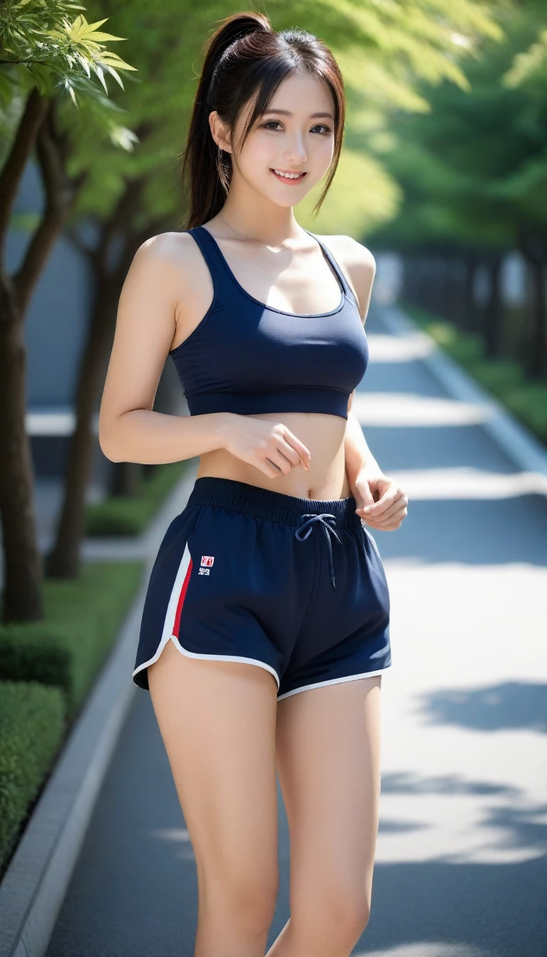 8k, Ultra-high resolution, Highest quality, masterpiece, 三分割法によるphotograph,Surreal, photograph, 1 Girl, (16 years old:1.3), pretty girl, Cute Face, Beautiful eyes in every detail, 細かくdetailedに,masterpiece,One Girl:1.2, Japan Female Announcer,full body,smile,Black Hair,Short ponytail,street tree,Urban area,Young Wife,healthy,Sports Bra,Bra Top,Jogging pants,Natural Makeup,sneakers,Tying shoelaces,Beautiful leg line beauty,Realistic Skin, Perfect and beautiful face ,完璧でCute Face, Skin with attention to detail, Perfect limbs、Narrow waist、Thin legs),Looking at the audience、beauty,Long neck、(((Ideal body type))),A cup small breasts :2,Portraiture:2,Perfect Anatomy,鮮明なdetailed,detailed,Surreal,Light and shadow,bloom