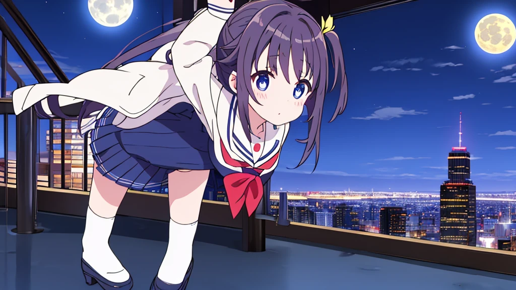Shinjuku skyscraper district full moon night Big Moon primary school girl 8 years flat chest black fur wide The eyes are purple. ((1 person)) Cardigan over long sleeve white sailor uniform. Navy blue full body show panties lower body