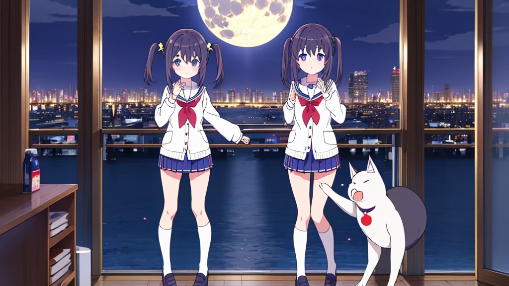Shinjuku skyscraper district　full moon night　Big Moon　primary school girl　8 years　flat chest　black fur　wide　The eyes are purple.　（（1 person））　Cardigan over long sleeve white sailor uniform.　Navy blue full body show panties lower body
