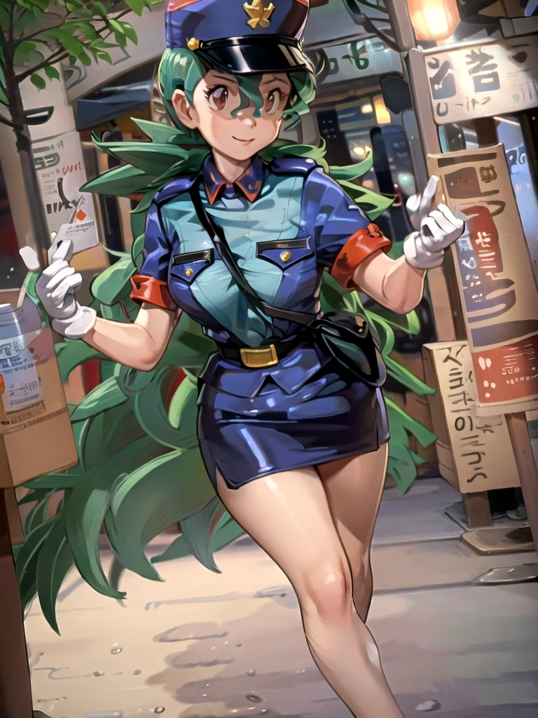 masterpiece, best quality, ultra-detailed, officer jenny, pokemon, 1girl, solo, long hair, smile, red eyes, green hair, white gloves, police hat, miniskirt, bag, star (symbol), uniform, blue skirt, blue shirt, pencil skirt, brown pantyhose, police uniform, realistic, city background volumetric lighting, intricate details, tonemapping, sharp focus, hyper detailed