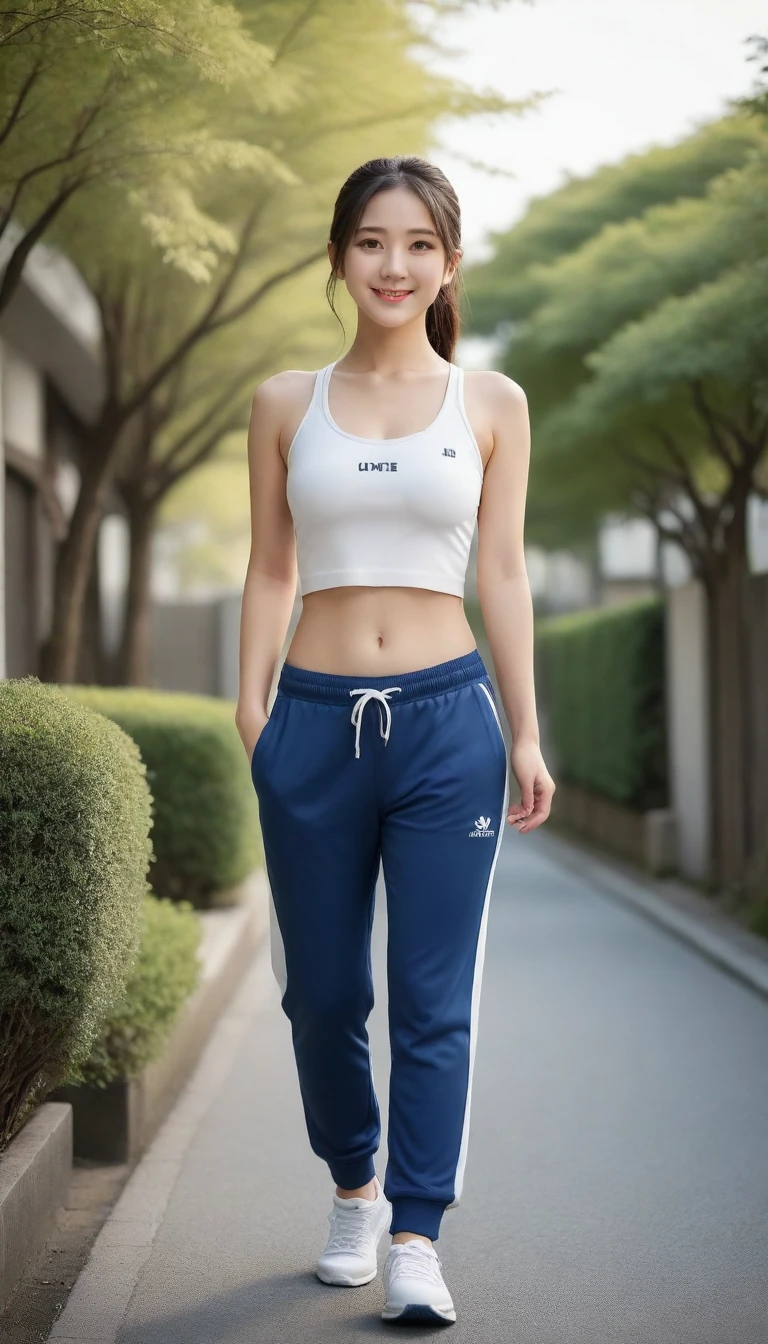 8k, Ultra-high resolution, Highest quality, masterpiece, 三分割法によるphotograph,Surreal, photograph, 1 Girl, (16 years old:1.3), pretty girl, Cute Face, Beautiful eyes in every detail, 細かくdetailedに,masterpiece,One Girl:1.2, Japan Female Announcer,full body,smile,Black Hair,Short ponytail,street tree,Urban area,Young Wife,healthy,Sports Bra,Bra Top,Jogging pants,Natural Makeup,sneakers,Tying shoelaces,Beautiful leg line beauty,Realistic Skin, Perfect and beautiful face ,完璧でCute Face, Skin with attention to detail, Perfect limbs、Narrow waist、Thin legs),Looking at the audience、beauty,Long neck、(((Ideal body type))),A cup small breasts :2,Portraiture:2,Perfect Anatomy,鮮明なdetailed,detailed,Surreal,Light and shadow,bloom