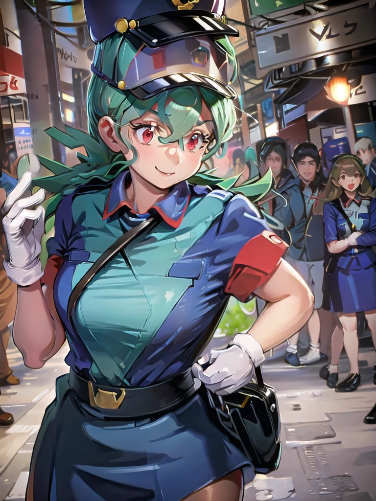 masterpiece, best quality, ultra-detailed, officer jenny, pokemon, 1girl, solo, long hair, smile, red eyes, green hair, white gloves, police hat, miniskirt, bag, star (symbol), uniform, blue skirt, blue shirt, pencil skirt, brown pantyhose, police uniform, realistic, city background volumetric lighting, intricate details, tonemapping, sharp focus, hyper detailed