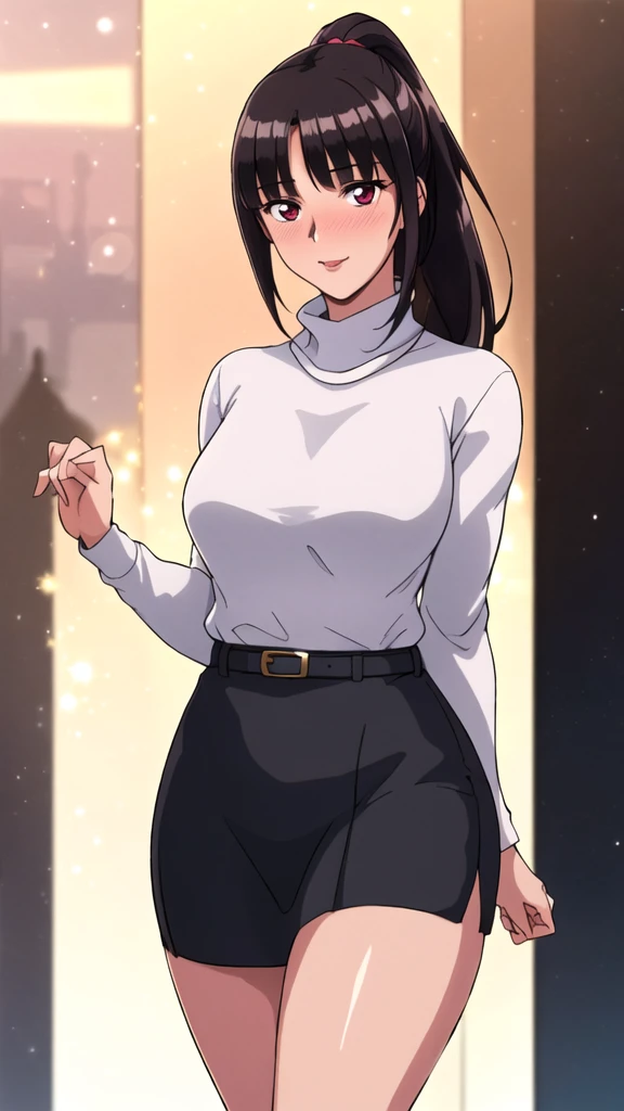 white turtleneck, black pencil shirt,black short skirt, belt,hair ornament, hair scrunchie,low ponytail, long hair, bangs, brunette, black hair, blunt bangs, big red eyes, alone, 1 girl, Young female, 18 years old, sexy gal, very cute, smile, Beautiful Finger,Beautiful long legs,Beautiful body,Beautiful Nose,Beautiful character design, perfect eyes, perfect face,expressive eyes, looking at viewer, in the center of the image,(light smile:0.5), official art, outdoor, portrait, perfect lighting,Colorful, Bright_Front_face_Lighting,shiny skin, (masterpiece:1.0),(best quality:1.0), ultra high res,4K,ultra-detailed, photography, 8K, HDR, highres, absurdres:1.2, Kodak portra 400, film grain, blurry background, bokeh:1.2, lens flare, (vibrant_color:1.2), (beautiful face), (slim body, curvy body), (ashamed, blushing), glossy lip rouge, glossy crimson rouge, (jealousy), SFW, seductive, charming,(attractive,enchanting,fascinating,captivating,bewitching,enthralling,entrancing,attractive,gripping,engrossing),airport,night,fullmoon,bluemoon,(flush, blush, flushing, suffusion),(perplexity; aporioneurosis; quandary; bewilderment; embarrassment)