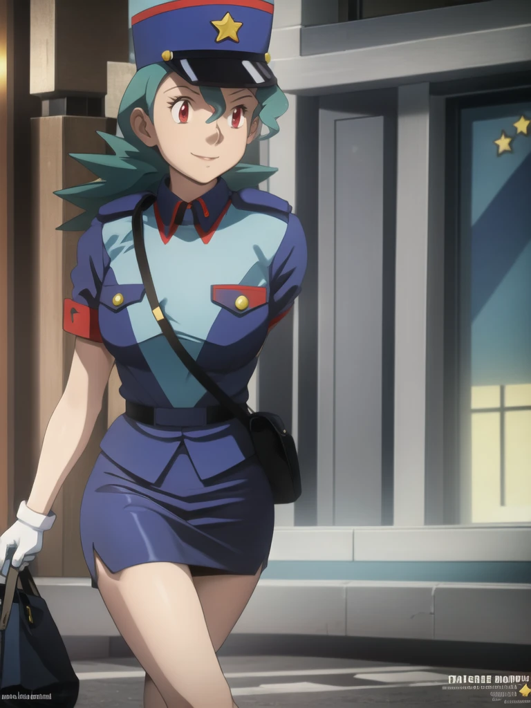 masterpiece, best quality, ultra-detailed, officer jenny, pokemon, 1girl, solo, long hair, smile, red eyes, green hair, white gloves, police hat, miniskirt, bag, star (symbol), uniform, blue skirt, blue shirt, pencil skirt, brown pantyhose, police uniform, realistic, city background volumetric lighting, intricate details, tonemapping, sharp focus, hyper detailed
