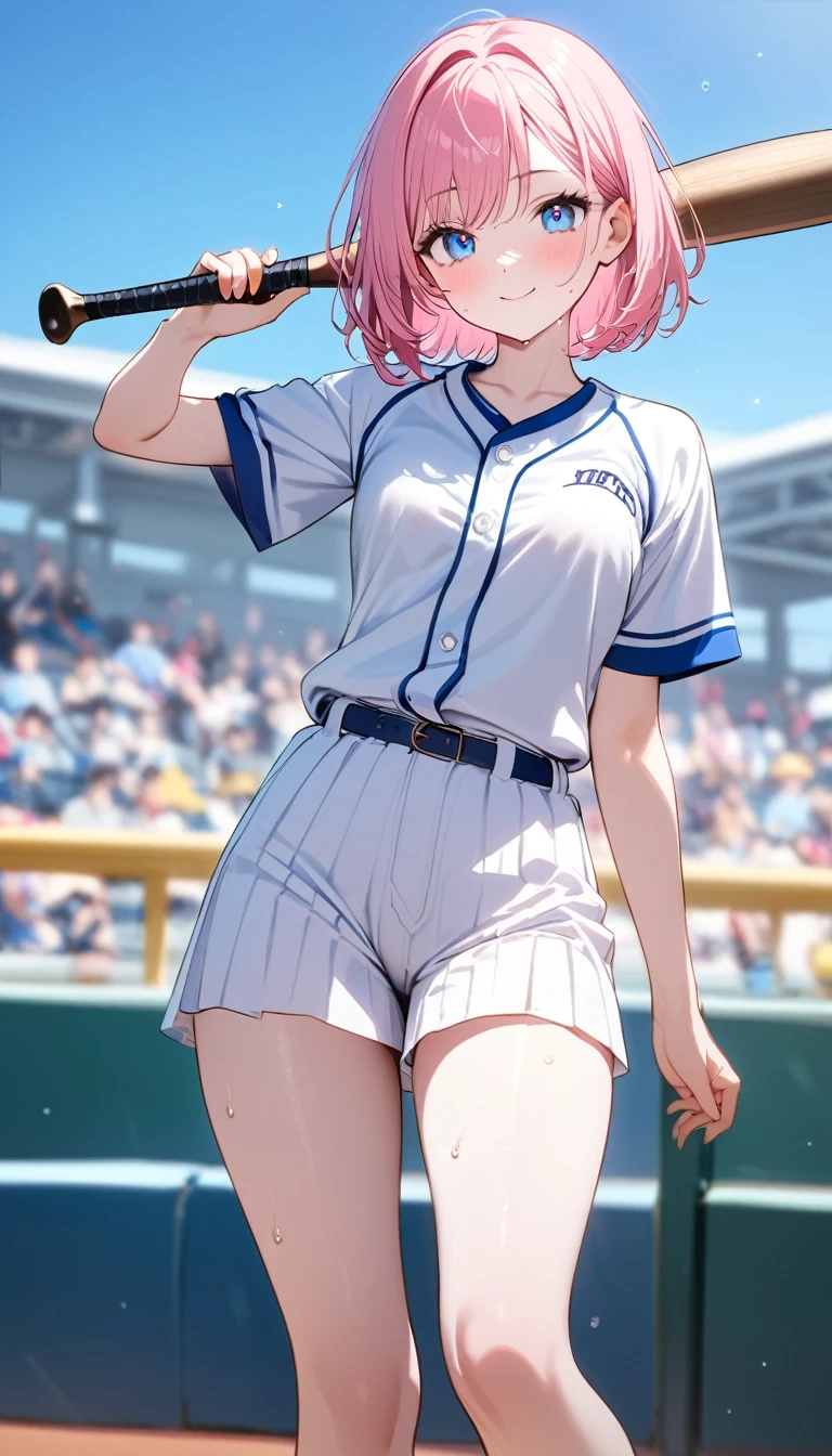 (1 girl),(Best Picture Quality, 8K, Masterpiece:1.3), (high school student:1.5), ((pink lob hair:1.1)), (bob cut),(swept bangs), (cute eyes, pupil black, iris skyblue, youthful face), (mole under right eye), (standard weight), (small breasts), (glistening skin:1.1),(pale skin:1.2),((baseball uniform)),(Smile),(sweat),(short sleeve),(baseball bat),(baseball bat swing).