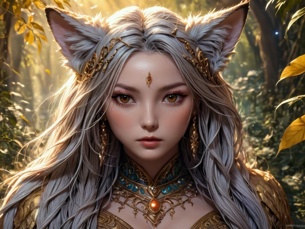 A beautiful, enchantingly elusive humanoid faunus woman, every aspect exudes magic in the midst of danger: shimmering rainbow fur, ethereal golden horn, and eyes that seem to hold the secrets of the universe. The mystical creature is surrounded by a lush, enchanted forest, bathed in the soft light of the setting sun, creating a dreamlike atmosphere that transports viewers to a realm of fantasy and wonder. This breathtaking image is a digital painting that captures the essence of the mythical creature with stunning detail and masterful technique, making it a truly mesmerizing work of art.