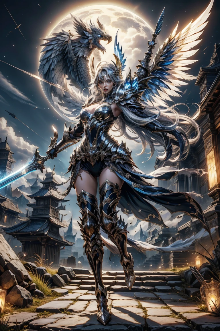 masterpiece, best quality, high resolution, Valkyrie floating in the night sky, Silver Hair, Blue glowing electric eye, Very long hair, Flowing hair, wind, Winged Helmet, Ray Tracing, Looking at the audience, Open your arms, elegant face, Serious look, Slim waist, slim, windy scene, (The armor is white and gold), Backlight, Glowing lights, Goddess role, elegant, whole body, flying in wind looking down at camera, Wielding a huge sword, Pretty Face, Delicate face, Detailed hands, Goddess of Light, Light flame,(full body:1.3),