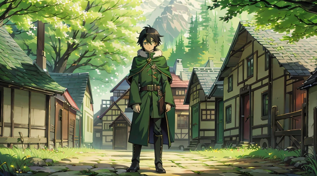 yuichiro hyakuya, (WithoutFear:1), 1 boy, black hair, green eyes, brown coat, gray armor, green shield, green cloak, dark brown gloves, town, white fur trim, tall, anime, standing, good quality, portrait, looking at viewer