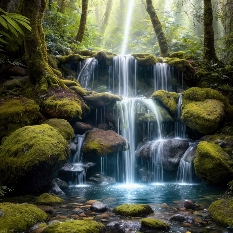 rainbowcolored multiglowing fountain of youth in the deep green forest, from below, cinematic angle, realistic, hyper-realistic, photorealistic, (best quality,4k,8k,highres,masterpiece:1.2),ultra-detailed,(realistic,photorealistic,photo-realistic:1.37),vivid colors,dramatic lighting,