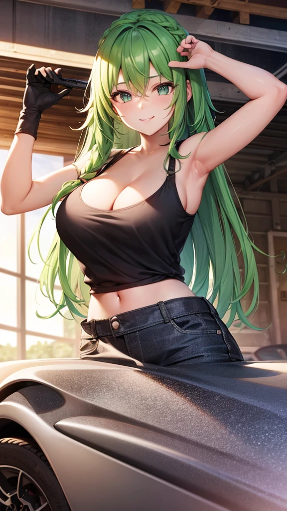 smile, hand on car, wrench, adult, , mature, cleavage, green hair, long hair, yellow eyes, beauty mark, braided hair,
flower in hair, pink tank top, black baggy pants, goggles on head, midriff, dirty, garage, in front of car, fixing car, rag, sweating,, dirty, ultra-detailed, absurdres, unreal engine, masterpiece, best quality, beautiful eyes, volumetric lighting, silky_hair), best quality, ultra-detailed, looking at viewer, highres, 8k wallpaper, extremely detailed, smooth lighting, 8k, depth of field, masterpiece, cinematic lighting,,1girl