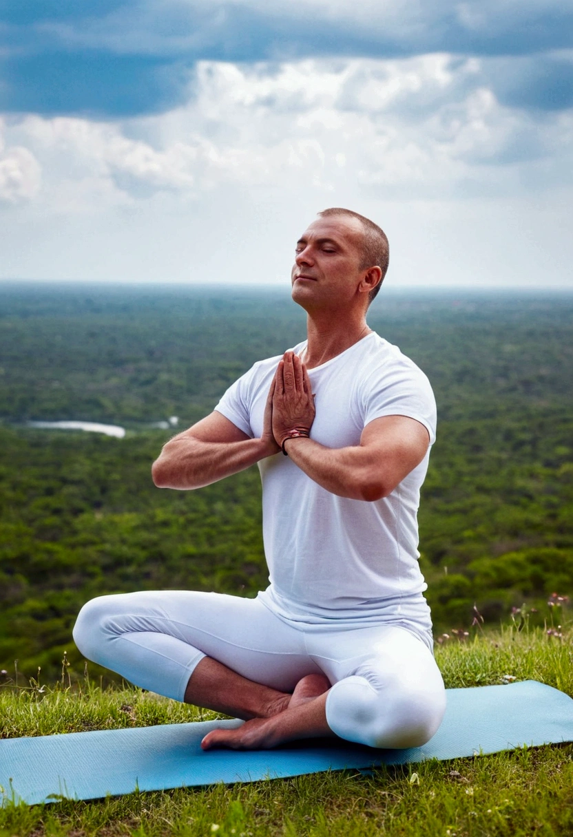 Image of a man wearing a white tshirt performing a yoga pose in nature