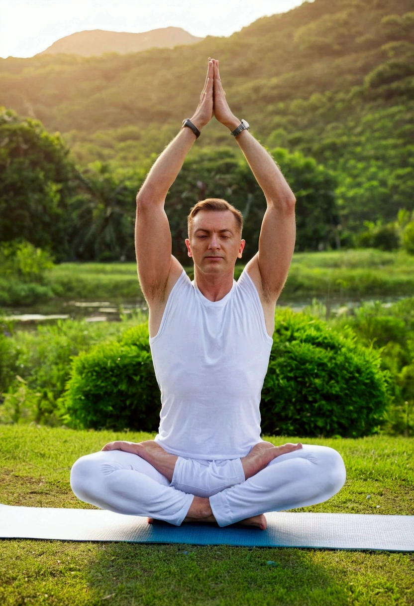 Image of a man wearing a white tshirt performing a yoga pose in nature