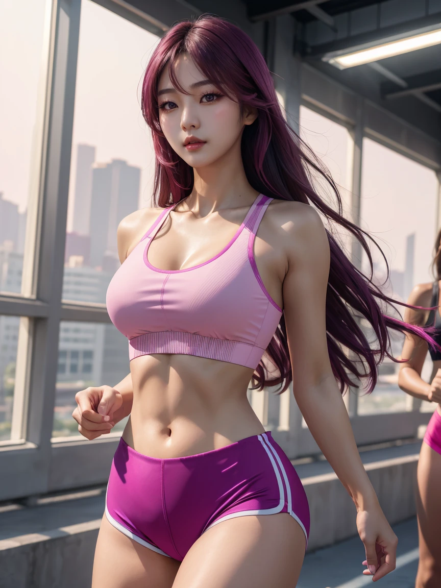 (masterpiece, best quality, highres:1.2), (photorealistic:1.2), (intricate and beautiful:1.2), (detailed light:1.2), (soft lighting, side lighting, reflected light), (colorful, dynamic angle), upper body shot, fashion photography, (Beautiful Korean woman jogging in metropolis, slanted Asian eyes, long hair, wearing magenta sports bra and magenta spandex shorts:1.45), dynamic pose, light passing through hair, (SFW, soft lighting:1.3), (official art), (perfect skin), (sharp)