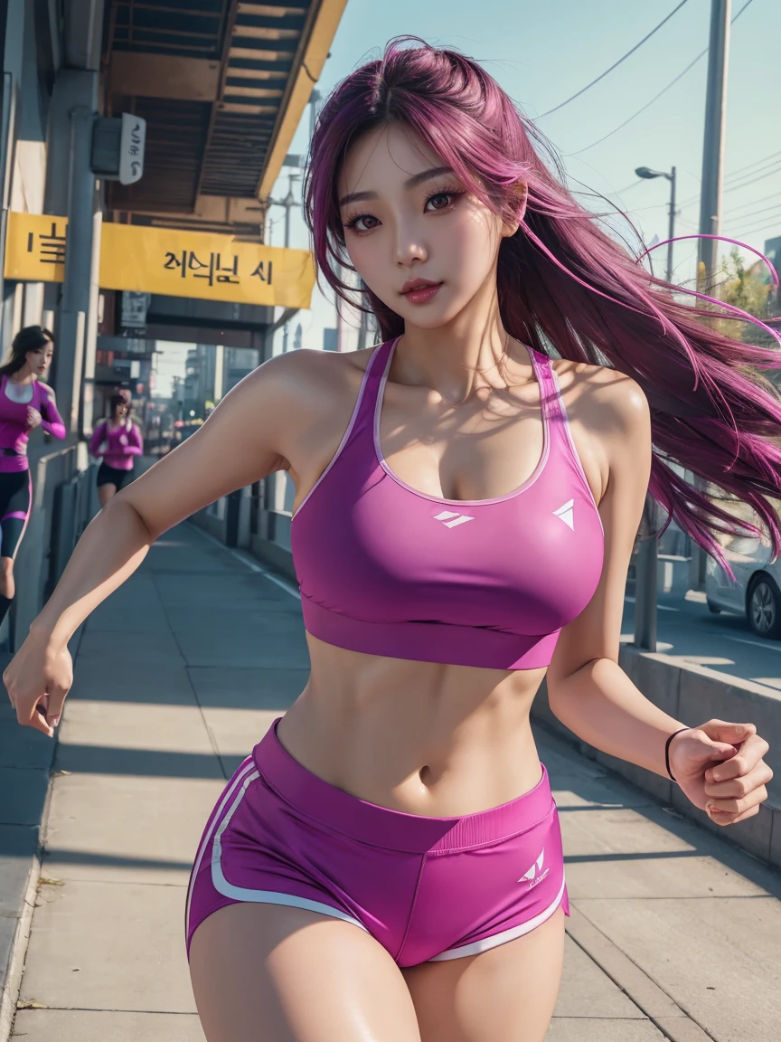 (masterpiece, best quality, highres:1.2), (photorealistic:1.2), (intricate and beautiful:1.2), (detailed light:1.2), (soft lighting, side lighting, reflected light), (colorful, dynamic angle), upper body shot, fashion photography, (Beautiful Korean woman jogging in metropolis, slanted Asian eyes, long hair, wearing magenta sports bra and magenta spandex shorts:1.45), dynamic pose, light passing through hair, (SFW, soft lighting:1.3), (official art), (perfect skin), (sharp)
