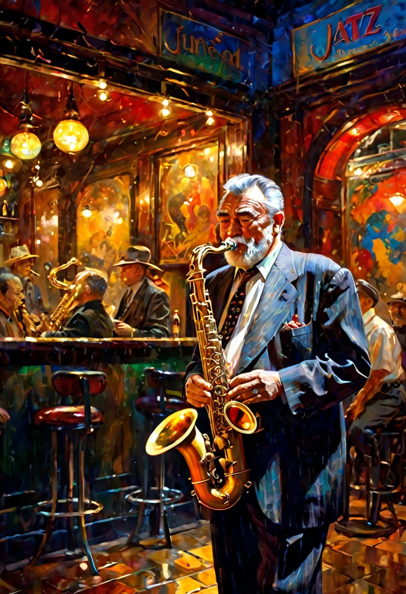 1 elderly person、Saxophonist、Jazz Player、Deep Shadow、Oil painting style、Jazz bar background、 Dramatic lighting, Very realistic, 8k,
Insane Details, Complex, Bokeh, Shot with a 60mm lens, ISO300, debt/4, 1/200th,
Vibrant colors, Pino Daeni, Vincent van Gogh, Luis Royo, Frank Frazetta