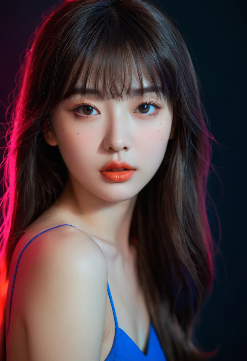 (upper body:1.5),8k, best quality, 1 Girl, (Skin Indentation), night, (dark), Indoor clear background, (people), Beautiful bangs, Gorgeous,, (Clothing and:1.3),Soft lighting, attractive, dark Room, (mouth close:1.2, beautiful eyes, Delicate eyes, Detailed iris, Beautiful lips, Beautiful nose, Pretty Face),(primary color:1.5)，(Ambient Light:1.5)，(Neon light:1.8),(Radioluminescence:1.8),(red and blue light:1.5)