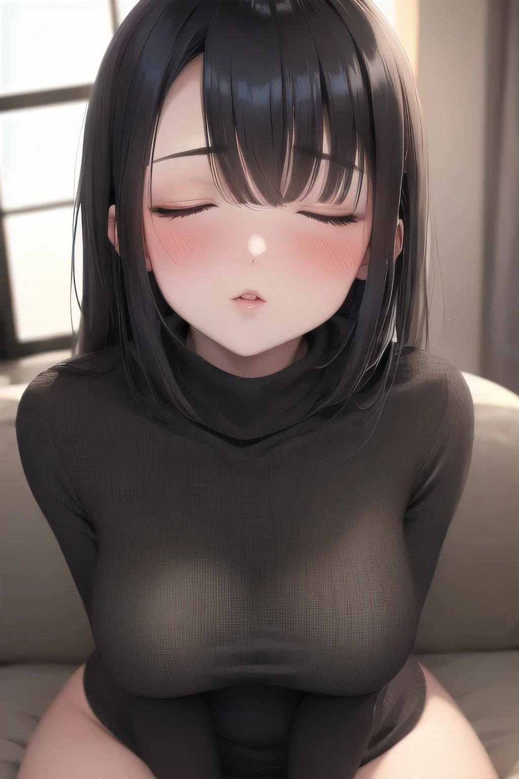 Sexy woman, perfect hair, amazing makeup, seductive gaze, blushing intensely, ready to kiss, long oversized sweater, sitting comfortably on couch, window, natural light beaming through window, beautiful face, seductively gazing at us, very seductively provocative