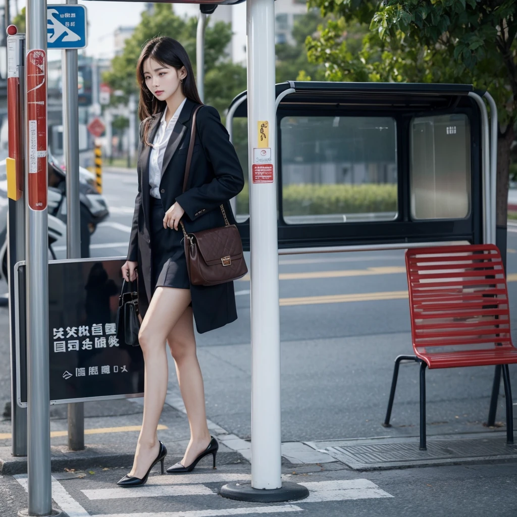 Please draw a beautiful lady with temperament,Go to the bus stop,Take the bus to work